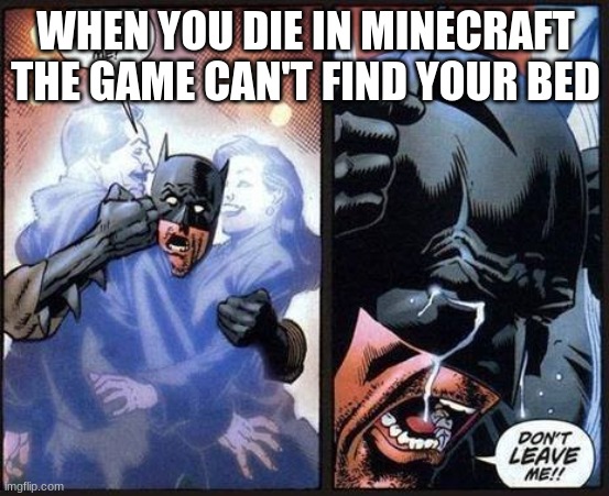 Batman don't leave me | WHEN YOU DIE IN MINECRAFT THE GAME CAN'T FIND YOUR BED | image tagged in batman don't leave me | made w/ Imgflip meme maker