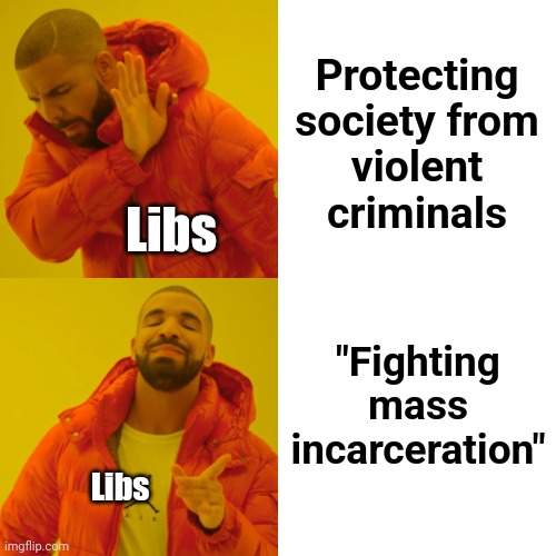 Drake Hotline Bling Meme | Protecting society from
violent criminals "Fighting mass incarceration" Libs Libs | image tagged in memes,drake hotline bling | made w/ Imgflip meme maker