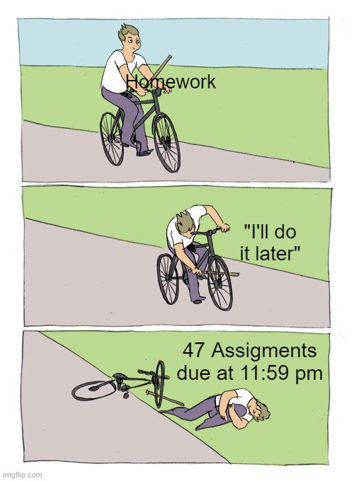 Procrastination | Homework; "I'll do it later"; 47 Assigments due at 11:59 pm | image tagged in memes,bike fall | made w/ Imgflip meme maker