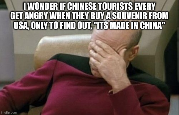 Real shit | I WONDER IF CHINESE TOURISTS EVERY GET ANGRY WHEN THEY BUY A SOUVENIR FROM USA, ONLY TO FIND OUT, "ITS MADE IN CHINA" | image tagged in memes,captain picard facepalm,funny | made w/ Imgflip meme maker