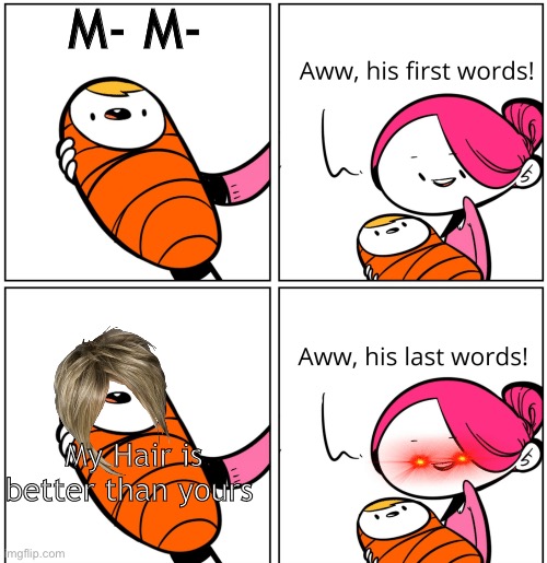 I can’t get over the Karen hair | M- M-; My Hair is better than yours | image tagged in aww his last words,karen | made w/ Imgflip meme maker