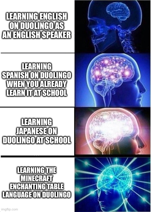 seriously, people be learning alien languages on duolingo | LEARNING ENGLISH ON DUOLINGO AS AN ENGLISH SPEAKER; LEARNING SPANISH ON DUOLINGO WHEN YOU ALREADY LEARN IT AT SCHOOL; LEARNING JAPANESE ON DUOLINGO AT SCHOOL; LEARNING THE MINECRAFT ENCHANTING TABLE LANGUAGE ON DUOLINGO | image tagged in memes,expanding brain,minecraft,funny,fun,e | made w/ Imgflip meme maker