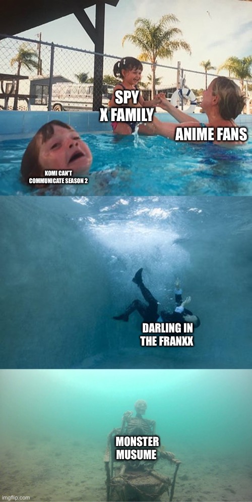 We’re neglecting Komi!!! | SPY X FAMILY; ANIME FANS; KOMI CAN’T COMMUNICATE SEASON 2; DARLING IN THE FRANXX; MONSTER MUSUME | image tagged in mother ignoring kid drowning in a pool extended template | made w/ Imgflip meme maker