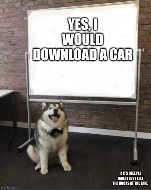 yes | YES, I WOULD DOWNLOAD A CAR; IF ITS FREE I'LL TAKE IT JUST LIKE THE DUCKS AT THE LAKE | image tagged in dog white board | made w/ Imgflip meme maker