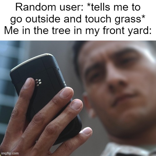 I just climb there and stay there for an hour for some reason :/ (no, I do not have a tree house) | Random user: *tells me to go outside and touch grass*
Me in the tree in my front yard: | image tagged in whole world stares at phones | made w/ Imgflip meme maker