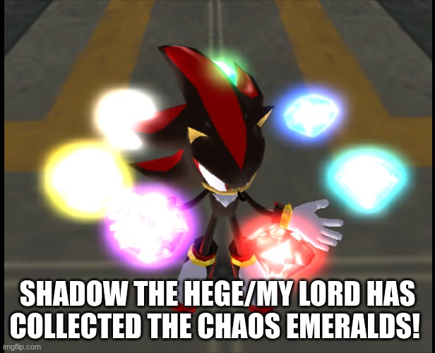 Shadow with Chaos Emeralds | SHADOW THE HEGE/MY LORD HAS COLLECTED THE CHAOS EMERALDS! | image tagged in shadow with chaos emeralds | made w/ Imgflip meme maker