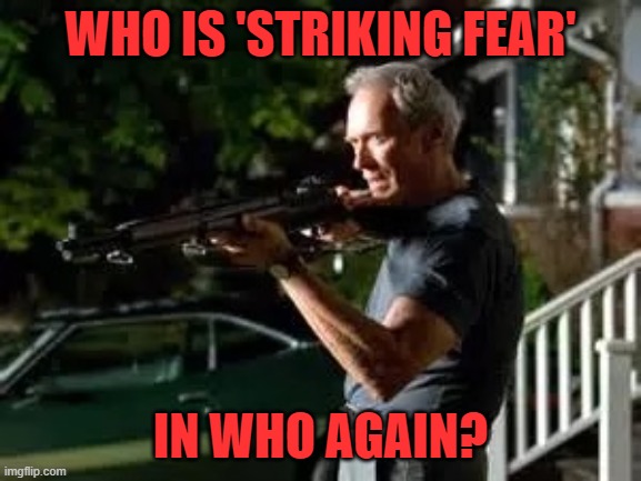 Gran torino rifle | WHO IS 'STRIKING FEAR' IN WHO AGAIN? | image tagged in gran torino rifle | made w/ Imgflip meme maker