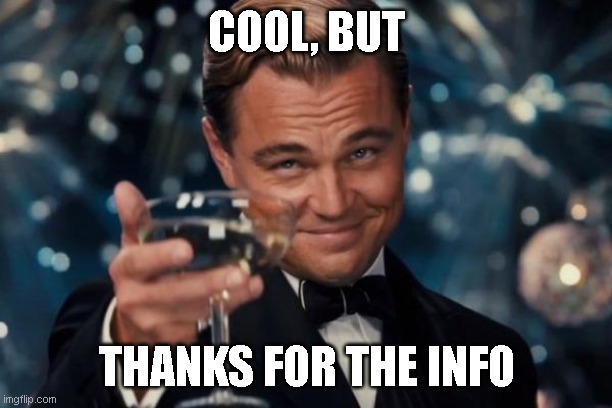 Leonardo Dicaprio Cheers Meme | COOL, BUT THANKS FOR THE INFO | image tagged in memes,leonardo dicaprio cheers | made w/ Imgflip meme maker