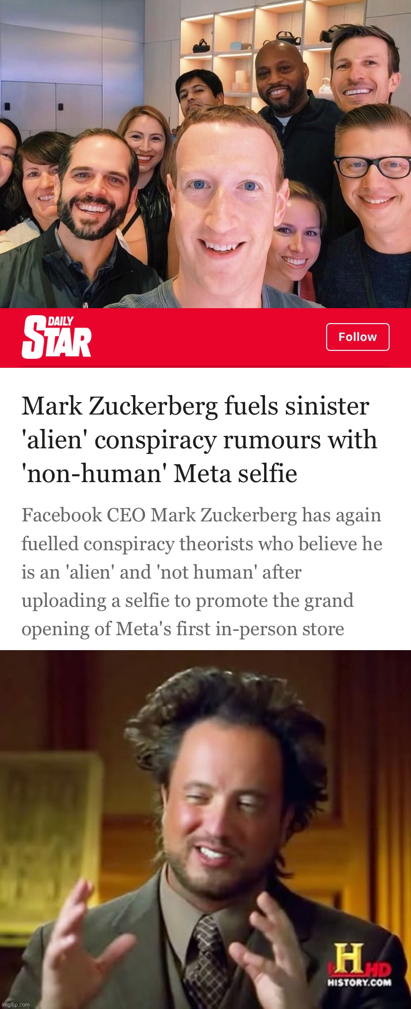Future historians of our era gon’ be like: | image tagged in mark zuckerberg alien selfie,memes,ancient aliens | made w/ Imgflip meme maker