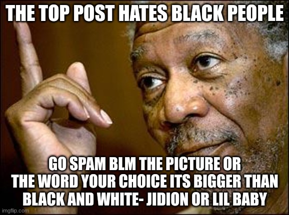 i hope this isnt a big user | THE TOP POST HATES BLACK PEOPLE; GO SPAM BLM THE PICTURE OR THE WORD YOUR CHOICE ITS BIGGER THAN BLACK AND WHITE- JIDION OR LIL BABY | image tagged in this morgan freeman | made w/ Imgflip meme maker