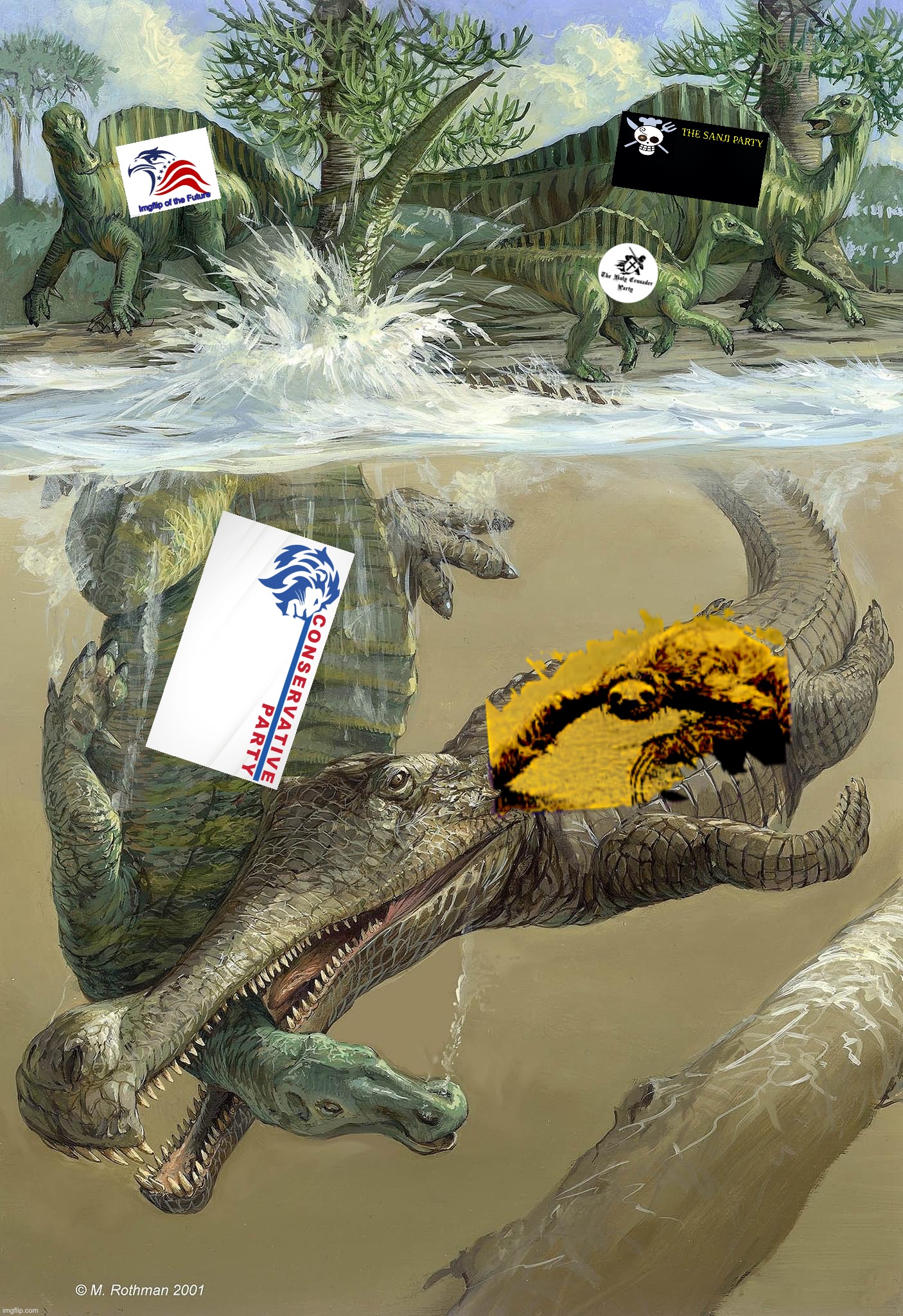 This is what our critics will claim we're doing to the Conservative Party - but they're wrong! [May 2022, colorized] | image tagged in dinosaur eaten by crocodile,monster,scary,sloth,thing,conservative party | made w/ Imgflip meme maker