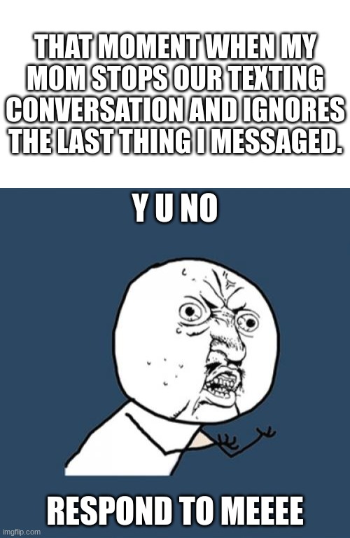 Texting with my mom | THAT MOMENT WHEN MY MOM STOPS OUR TEXTING CONVERSATION AND IGNORES THE LAST THING I MESSAGED. Y U NO; RESPOND TO MEEEE | image tagged in blank white template,memes,y u no | made w/ Imgflip meme maker
