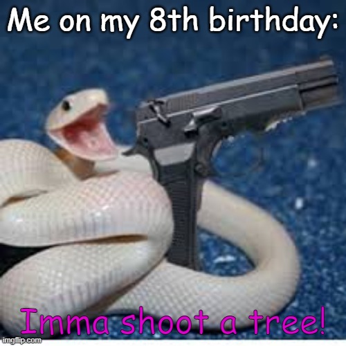 Can't believe I still remember this... | Me on my 8th birthday:; Imma shoot a tree! | image tagged in snake got gun,snek,guns,gun,shot a tree | made w/ Imgflip meme maker