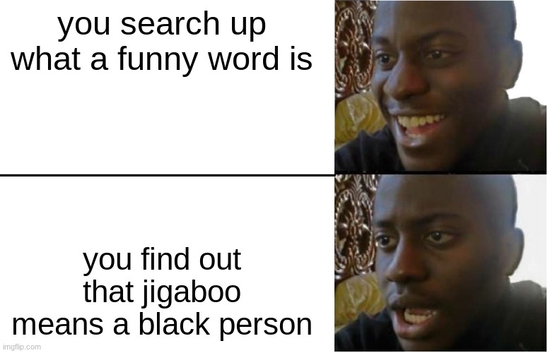 Disappointed Black Guy | you search up what a funny word is; you find out that jigaboo means a black person | image tagged in disappointed black guy | made w/ Imgflip meme maker