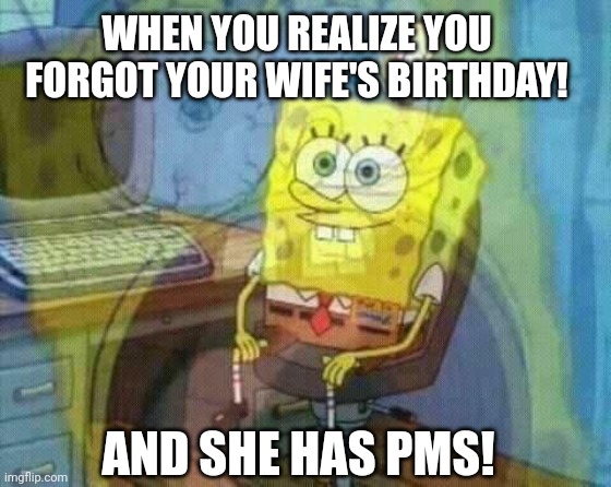 spongebob panic inside | WHEN YOU REALIZE YOU FORGOT YOUR WIFE'S BIRTHDAY! AND SHE HAS PMS! | image tagged in spongebob panic inside | made w/ Imgflip meme maker