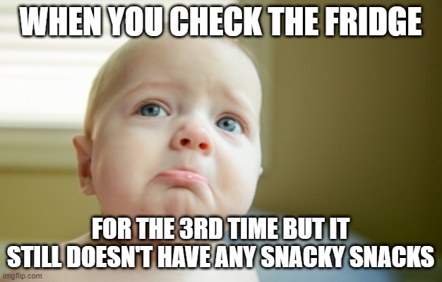 SAD FACE | WHEN YOU CHECK THE FRIDGE; FOR THE 3RD TIME BUT IT STILL DOESN'T HAVE ANY SNACKY SNACKS | image tagged in sad face | made w/ Imgflip meme maker