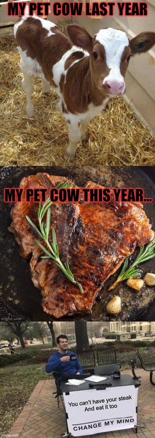 You can’t have your steak... | You can’t have your steak
And eat it too | image tagged in memes,change my mind,cow,calf,steak | made w/ Imgflip meme maker
