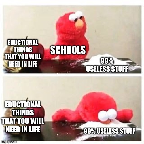 elmo cocaine | EDUCTIONAL THINGS THAT YOU WILL NEED IN LIFE; SCHOOLS; 99% USELESS STUFF; EDUCTIONAL THINGS THAT YOU WILL NEED IN LIFE; 99% USELESS STUFF | image tagged in elmo cocaine | made w/ Imgflip meme maker