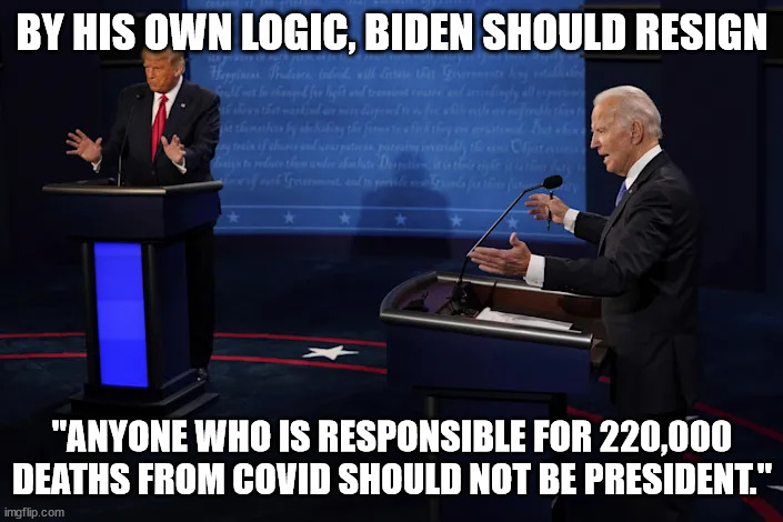 BY HIS OWN LOGIC, BIDEN SHOULD RESIGN "ANYONE WHO IS RESPONSIBLE FOR 220,000 DEATHS FROM COVID SHOULD NOT BE PRESIDENT." | made w/ Imgflip meme maker
