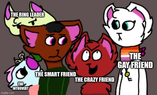 Types of friends | THE RING LEADER; THE GAY FRIEND; THE SMART FRIEND; THE CRAZY FRIEND; THE INTROVERT | image tagged in friends | made w/ Imgflip meme maker