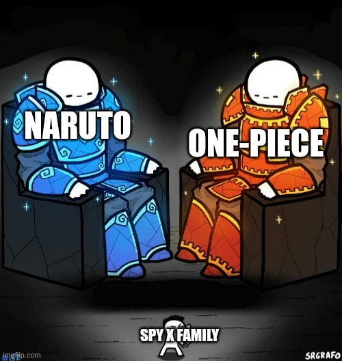 Two giants looking at a small guy | NARUTO SPY X FAMILY ONE-PIECE | image tagged in two giants looking at a small guy | made w/ Imgflip meme maker