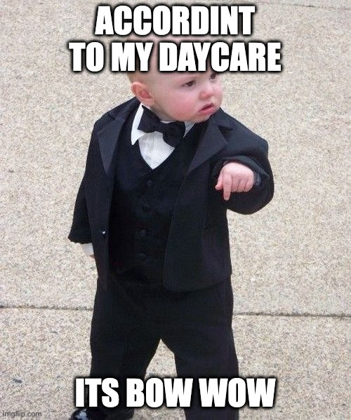 Baby Godfather Meme | ACCORDINT TO MY DAYCARE ITS BOW WOW | image tagged in memes,baby godfather | made w/ Imgflip meme maker
