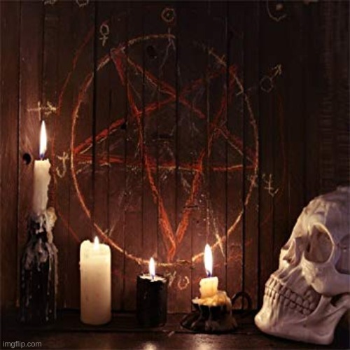 PENTAGRAM CANDLES AND SKULL | image tagged in pentagram candles and skull | made w/ Imgflip meme maker