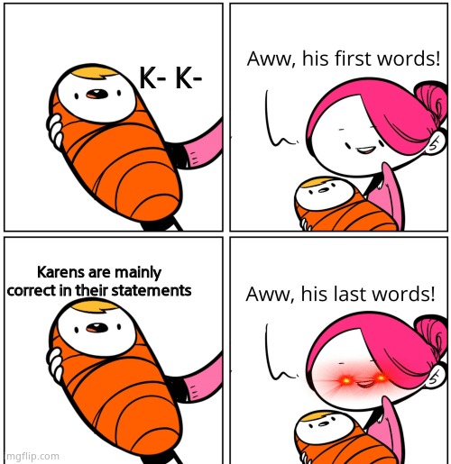 Aww, His Last Words | K- K-; Karens are mainly correct in their statements | image tagged in aww his last words | made w/ Imgflip meme maker