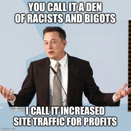 Elon Musk | YOU CALL IT A DEN OF RACISTS AND BIGOTS I CALL IT INCREASED SITE TRAFFIC FOR PROFITS | image tagged in elon musk | made w/ Imgflip meme maker