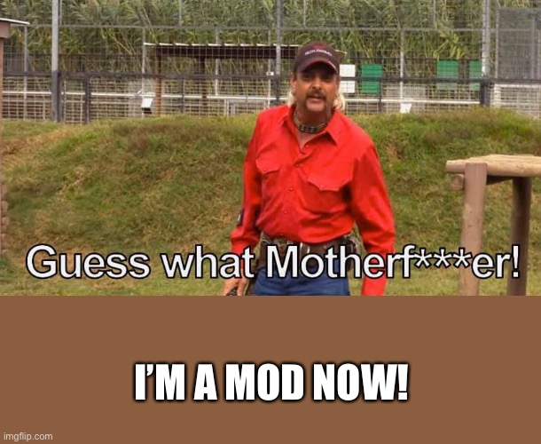 Joe Exotic Guess What Motherf***er | I’M A MOD NOW! | image tagged in joe exotic guess what motherf er | made w/ Imgflip meme maker