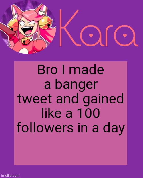 Kara's Mew Mew Temp | Bro I made a banger tweet and gained like a 100 followers in a day | image tagged in kara's mew mew temp | made w/ Imgflip meme maker