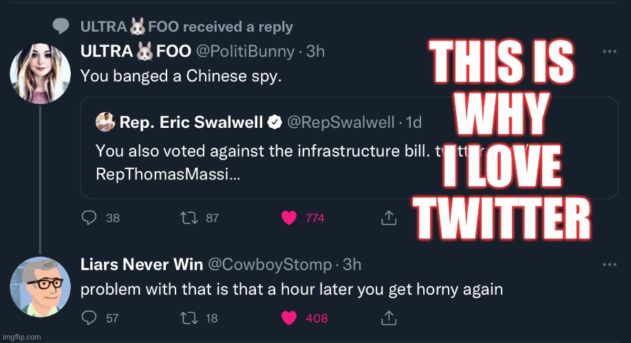 Swalwell | THIS IS
WHY
I LOVE
TWITTER | image tagged in twitter | made w/ Imgflip meme maker