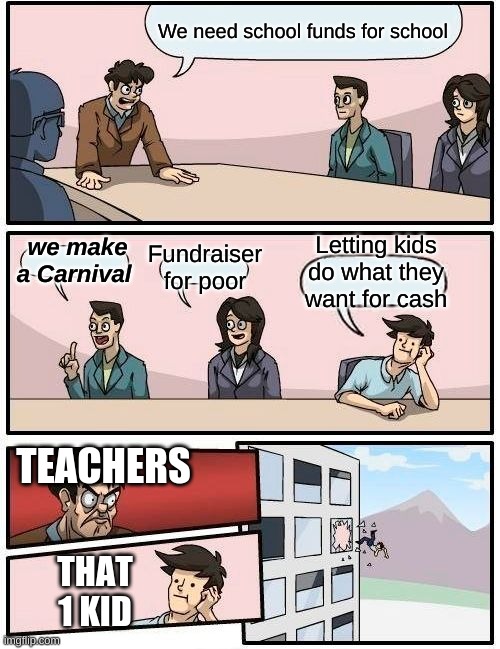 Yes | We need school funds for school; we make a Carnival; Letting kids do what they want for cash; Fundraiser for poor; TEACHERS; THAT 1 KID | image tagged in memes,boardroom meeting suggestion | made w/ Imgflip meme maker