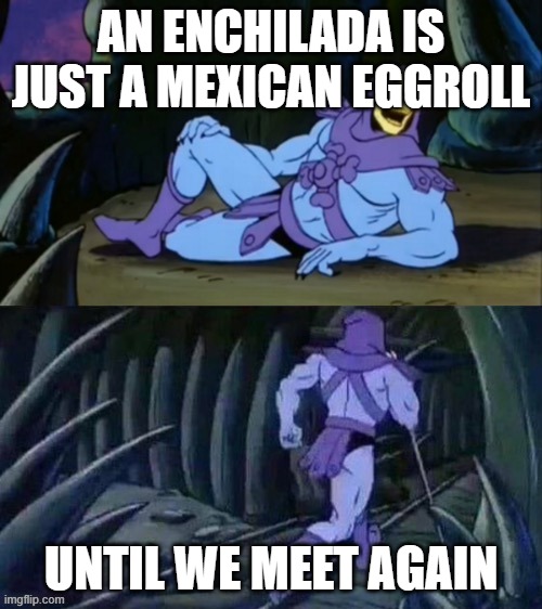 An enchilada... | AN ENCHILADA IS JUST A MEXICAN EGGROLL; UNTIL WE MEET AGAIN | image tagged in skeletor disturbing facts | made w/ Imgflip meme maker