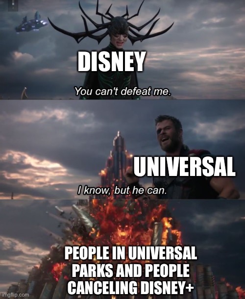 You can't defeat me | DISNEY; UNIVERSAL; PEOPLE IN UNIVERSAL PARKS AND PEOPLE CANCELING DISNEY+ | image tagged in you can't defeat me | made w/ Imgflip meme maker