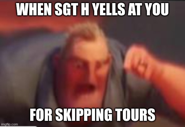 no | WHEN SGT H YELLS AT YOU; FOR SKIPPING TOURS | image tagged in no | made w/ Imgflip meme maker