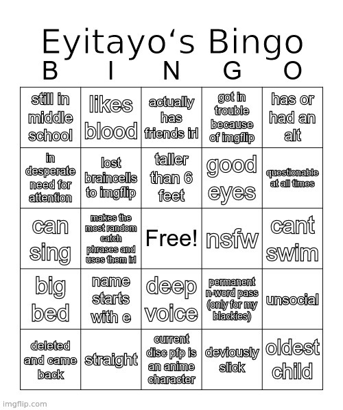 fill this out mfs | image tagged in eyitayo s msmg bingo | made w/ Imgflip meme maker