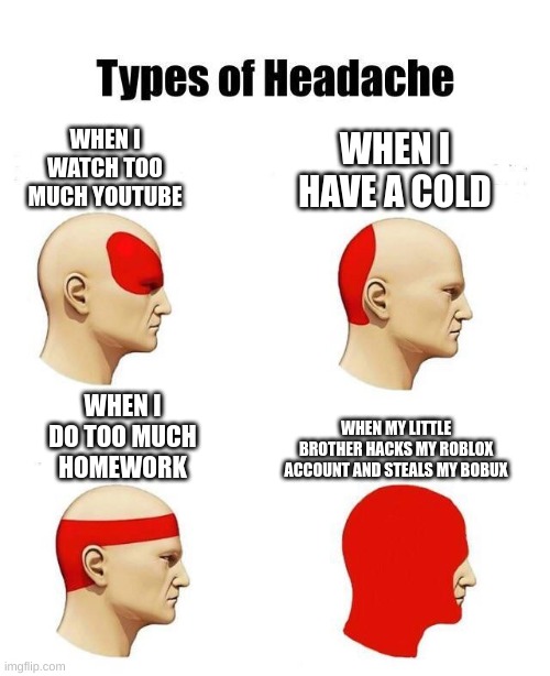 Headaches | WHEN I HAVE A COLD; WHEN I WATCH TOO MUCH YOUTUBE; WHEN I DO TOO MUCH HOMEWORK; WHEN MY LITTLE BROTHER HACKS MY ROBLOX ACCOUNT AND STEALS MY BOBUX | image tagged in roblox meme | made w/ Imgflip meme maker