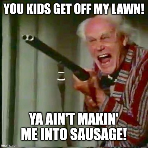 Old man with gun | YOU KIDS GET OFF MY LAWN! YA AIN'T MAKIN' ME INTO SAUSAGE! | image tagged in old man with gun | made w/ Imgflip meme maker
