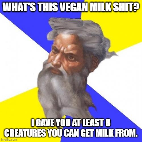 Advice God Meme | WHAT'S THIS VEGAN MILK SHIT? I GAVE YOU AT LEAST 8 CREATURES YOU CAN GET MILK FROM. | image tagged in memes,advice god | made w/ Imgflip meme maker