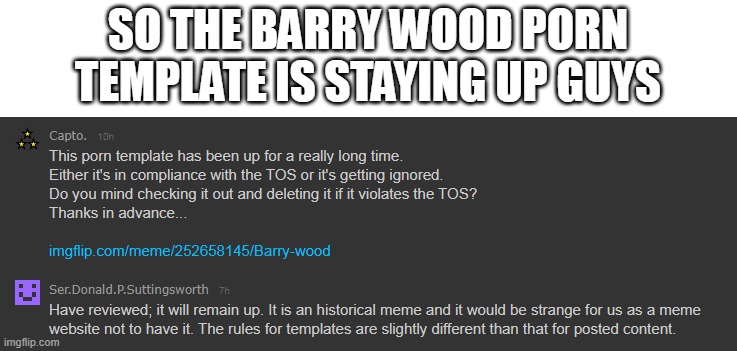SO THE BARRY WOOD PORN TEMPLATE IS STAYING UP GUYS | made w/ Imgflip meme maker
