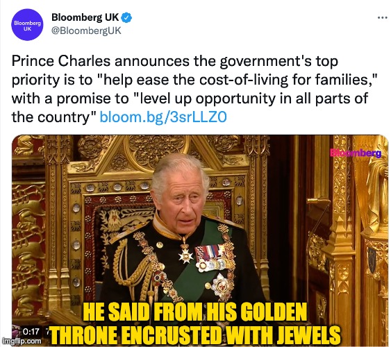 HE SAID FROM HIS GOLDEN THRONE ENCRUSTED WITH JEWELS | image tagged in british royals,england,great britain,prince charles | made w/ Imgflip meme maker