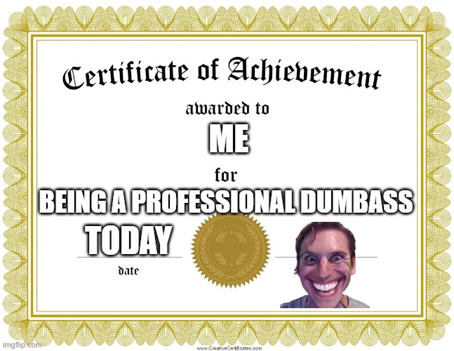 Im a Dumbass | ME; BEING A PROFESSIONAL DUMBASS; TODAY | image tagged in certificate of achievement | made w/ Imgflip meme maker