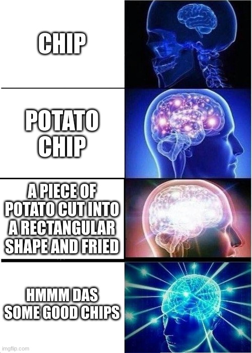 Expanding Brain | CHIP; POTATO CHIP; A PIECE OF POTATO CUT INTO A RECTANGULAR SHAPE AND FRIED; HMMM DAS SOME GOOD CHIPS | image tagged in memes,expanding brain | made w/ Imgflip meme maker