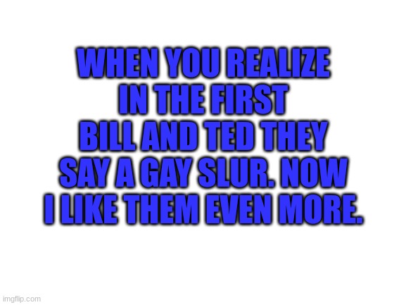 Blank White Template | WHEN YOU REALIZE IN THE FIRST BILL AND TED THEY SAY A GAY SLUR. NOW I LIKE THEM EVEN MORE. | image tagged in blank white template | made w/ Imgflip meme maker