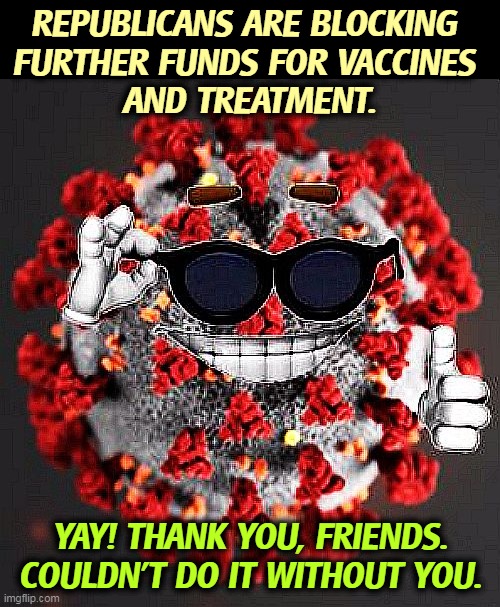 A virus's best friend is the GOP. | REPUBLICANS ARE BLOCKING 
FURTHER FUNDS FOR VACCINES 
AND TREATMENT. YAY! THANK YOU, FRIENDS. COULDN'T DO IT WITHOUT YOU. | image tagged in covid virus smile,covid-19,vaccine,gop,republican,idiots | made w/ Imgflip meme maker