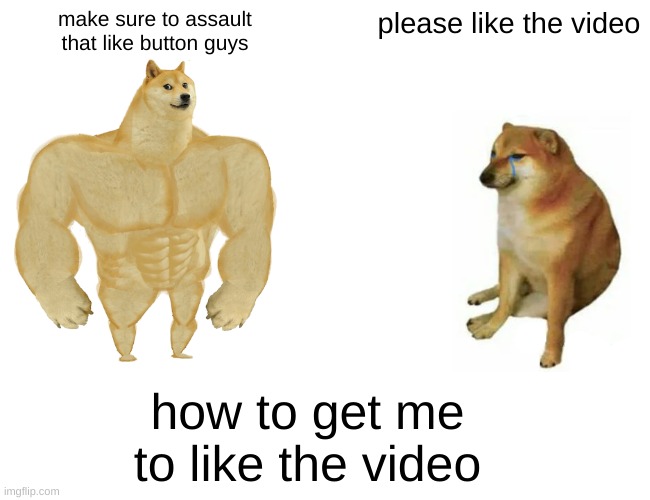 funny title | make sure to assault that like button guys; please like the video; how to get me to like the video | image tagged in memes,buff doge vs cheems | made w/ Imgflip meme maker