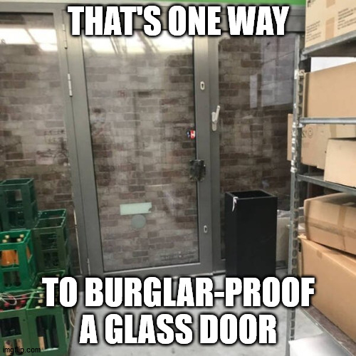 Like a firewall for your store |  THAT'S ONE WAY; TO BURGLAR-PROOF A GLASS DOOR | image tagged in door,glass,wall | made w/ Imgflip meme maker