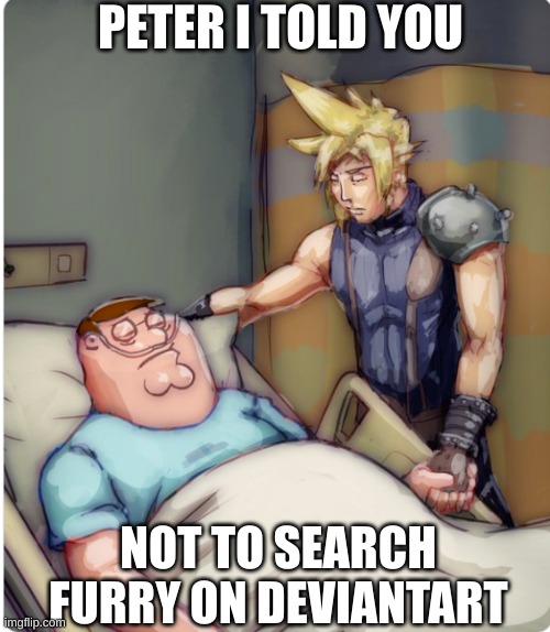 PETER I TOLD YOU | PETER I TOLD YOU; NOT TO SEARCH FURRY ON DEVIANTART | image tagged in peter i told you | made w/ Imgflip meme maker