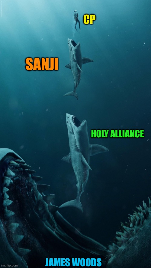 Midterm election | CP; SANJI; HOLY ALLIANCE; JAMES WOODS | image tagged in giant shark eating shark | made w/ Imgflip meme maker